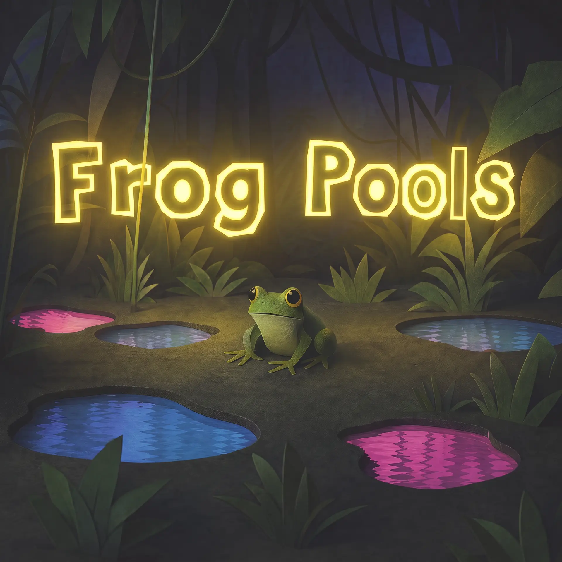 A frog on mossy ground beneath a glowing Frog Pools neon sign, surrounded by luminous pink and blue pools in a nocturnal jungle